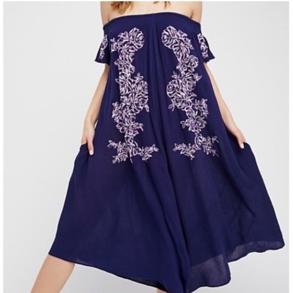 Free People Pants - FREE PEOPLE The High Road blue embroidered romper jumpsuit oversized XS